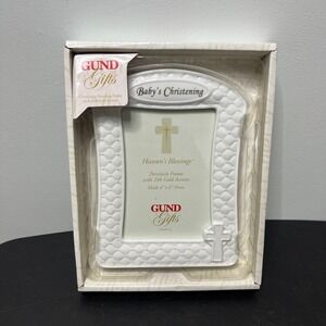 Gund Heaven Blessings Porcelain Baby Christening Photo Frame 24K Gold Accents